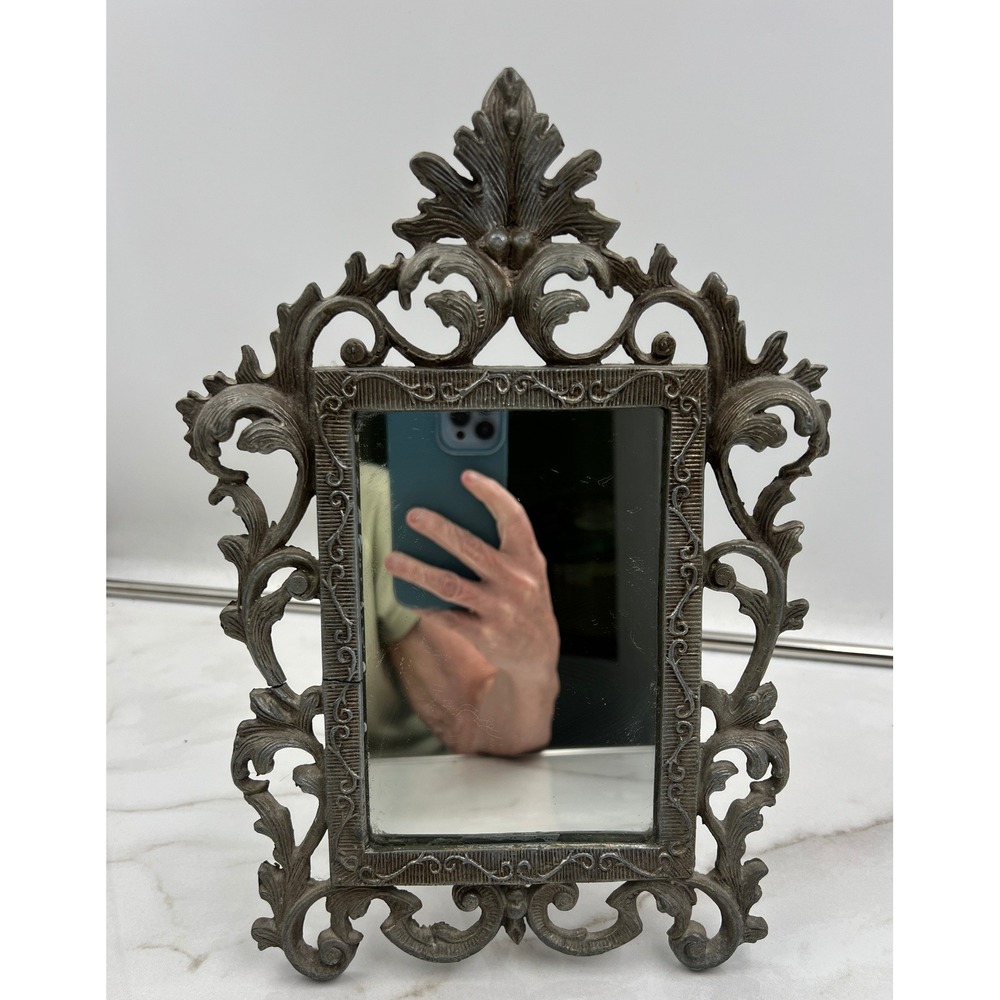 Vintage Ornate Cast Metal Scrollwork Vanity Mirror Tabletop Wall Hanging Pewter